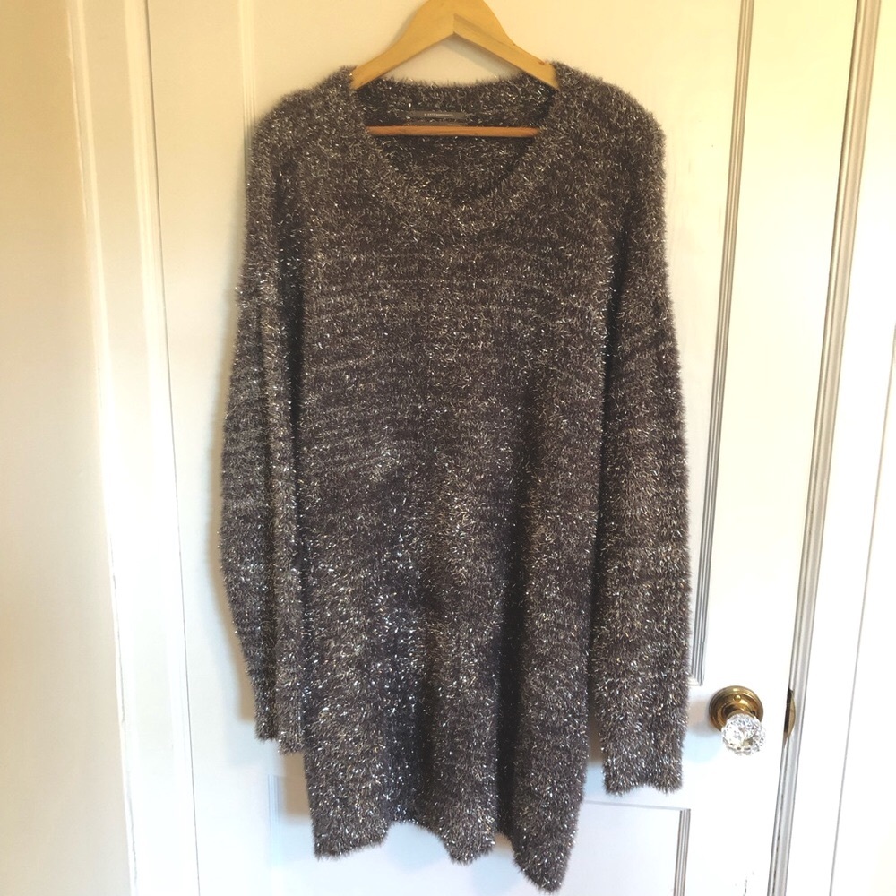 Anthropologie Mini Sweater Party Dress Shimmer Platinum Charcoal